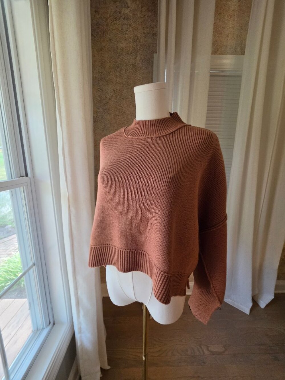 Zenana Oversized Asymmetric-Hem Mock-Neck Sweater – Terracotta S/M